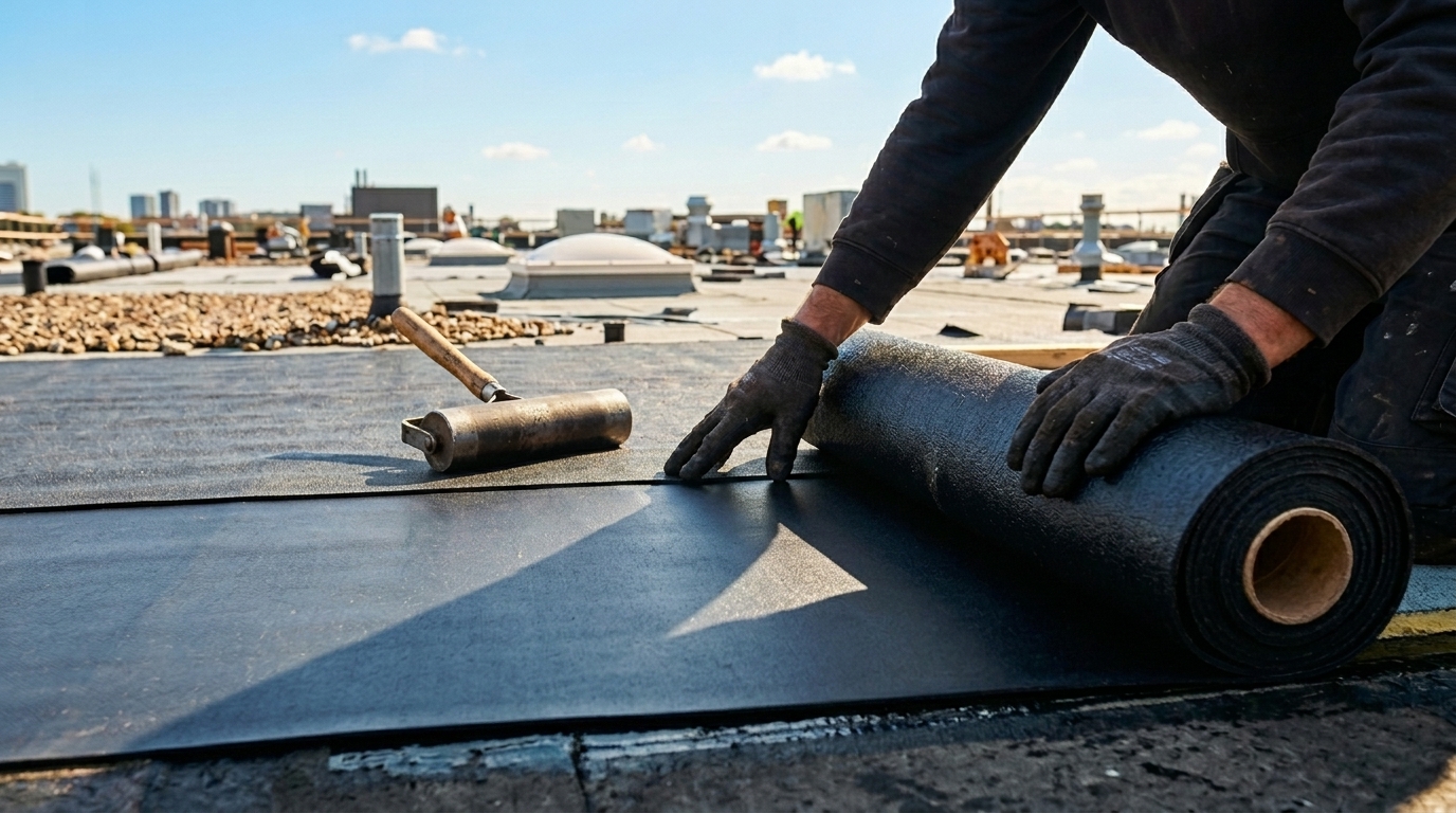 Flat Roofing hero photo — e.g. EPDM membrane roll being installed on a flat roof